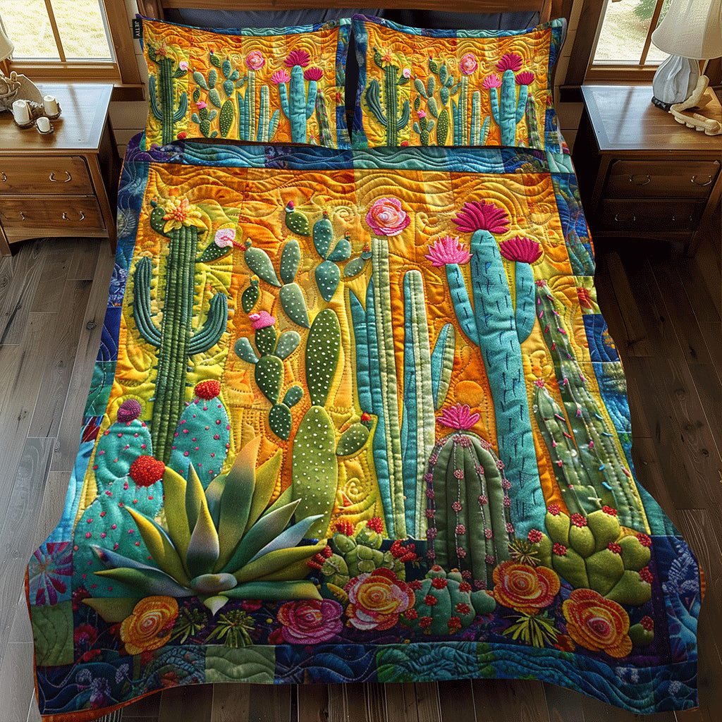 Exquisite Desert Cactus quilted 3-piece bedding set on a made bed with two matching pillow shams