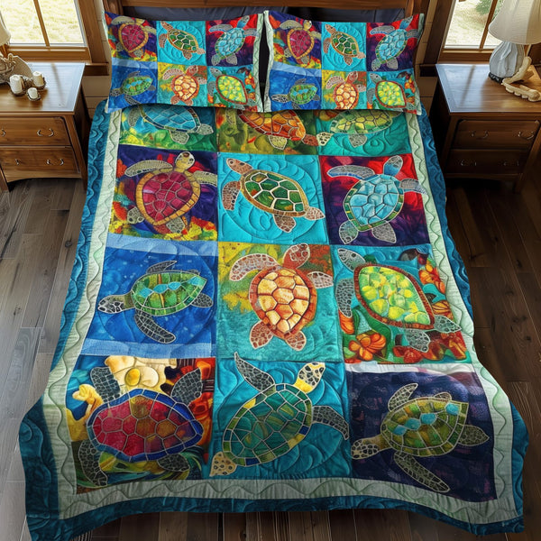 Exquisite Turtles quilted 3-piece bedding set on a made bed in a light coastal bedroom