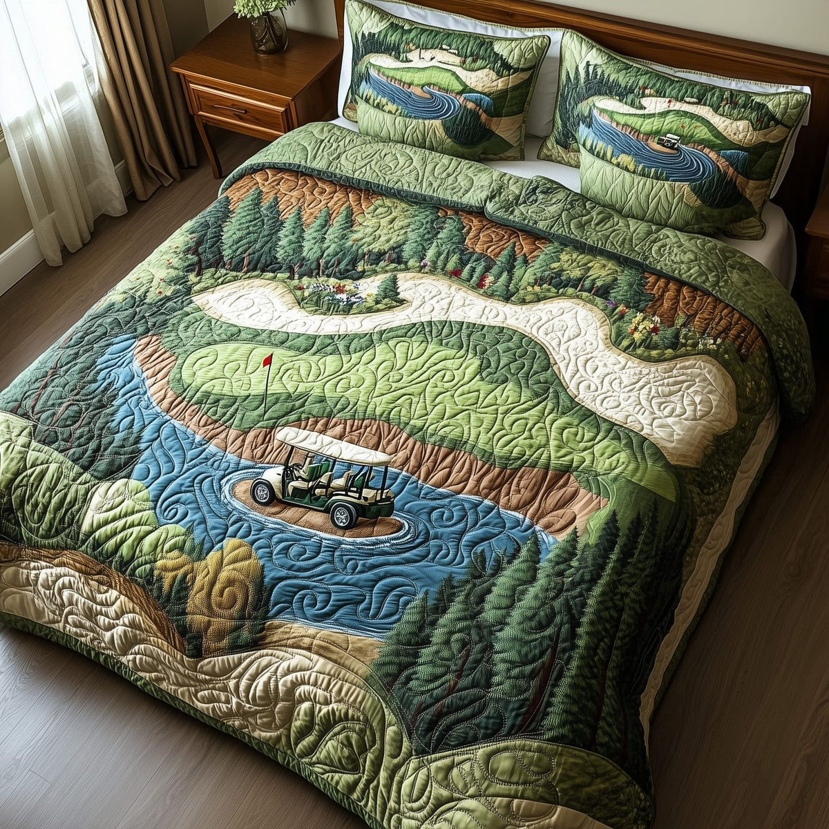 Fairway Freedom quilted 3-piece bedding set on a made bed in a warmly lit bedroom