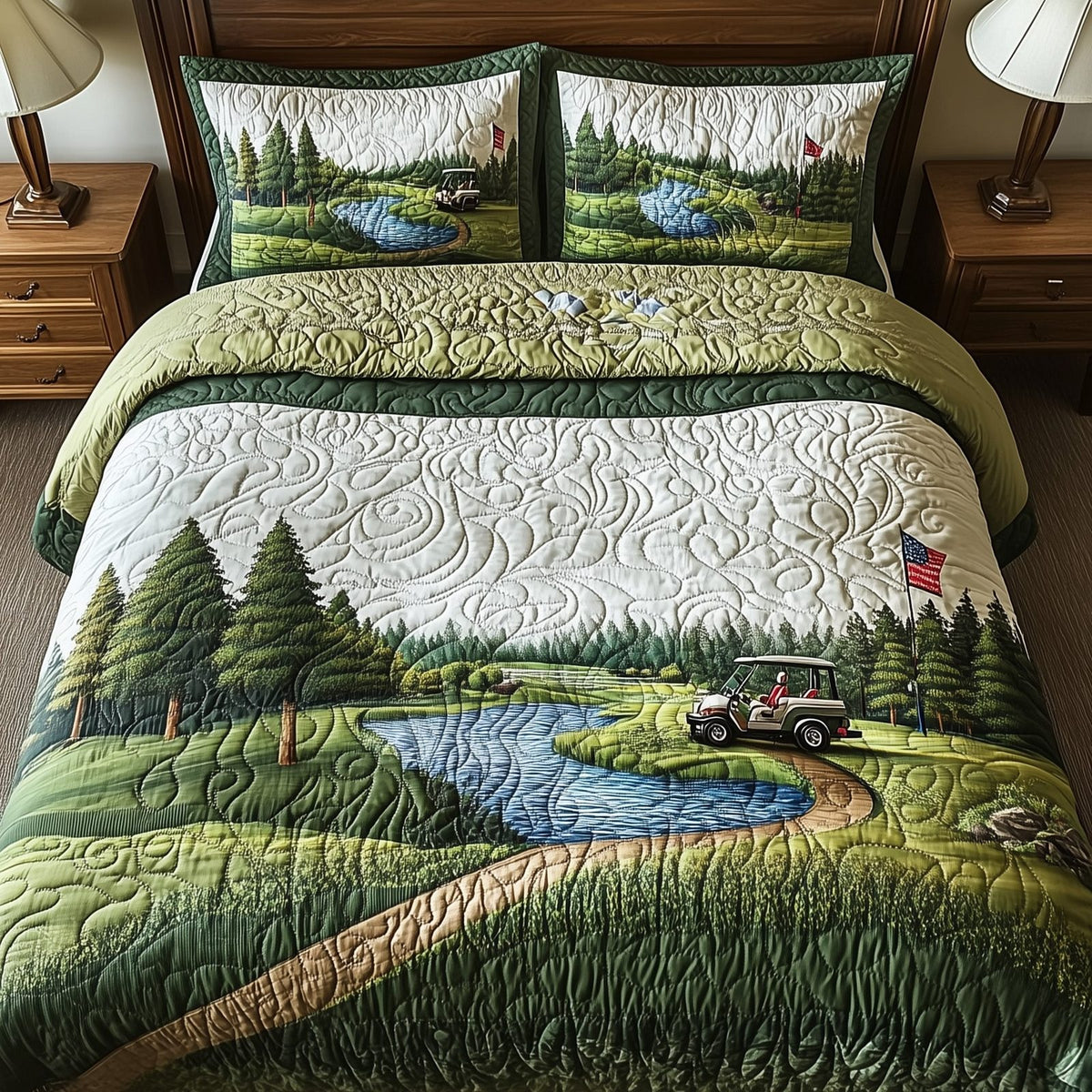 Fairway Freedom quilted 3-piece bedding set on a made bed in a warmly lit bedroom