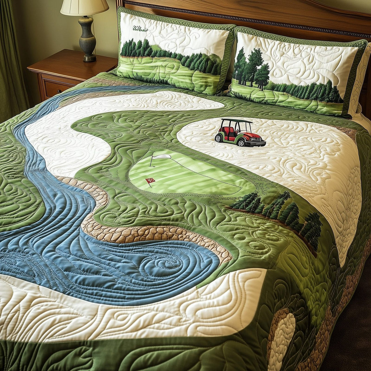 Fairway Freedom quilted 3-piece bedding set on a made bed in a warmly lit bedroom