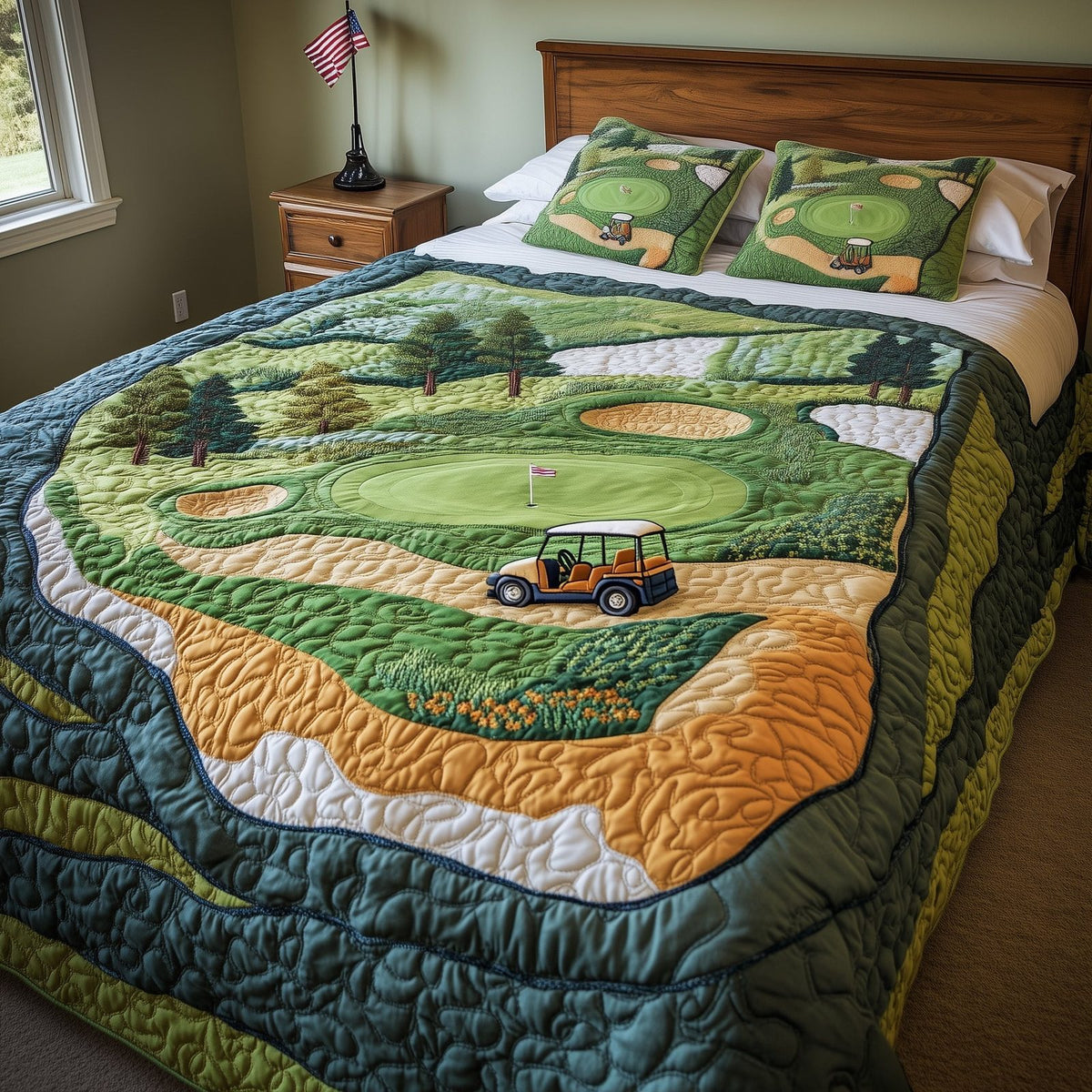 Fairway Freedom quilted 3-piece bedding set on a made bed in a warmly lit bedroom
