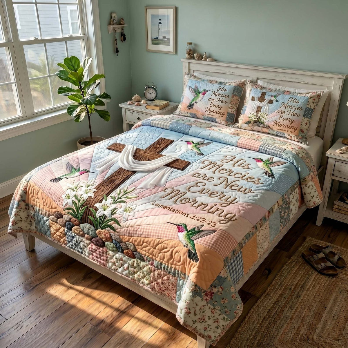 Faith Blossoms quilted 3-piece bedding set on a made bed in a softly lit bedroom