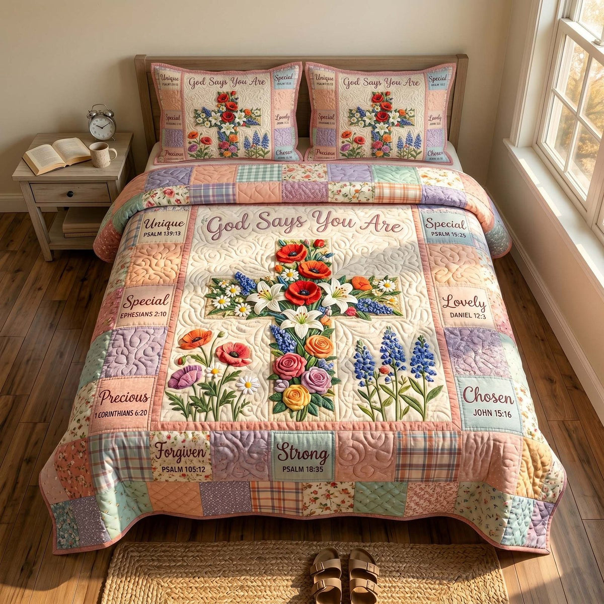 Faith Blossoms quilted 3-piece bedding set on a made bed in a softly lit bedroom