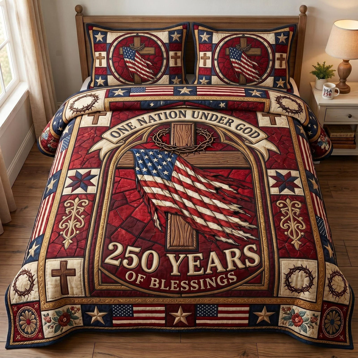 Faith Freedom quilted 3-piece bedding set on a made bed in a warmly lit bedroom