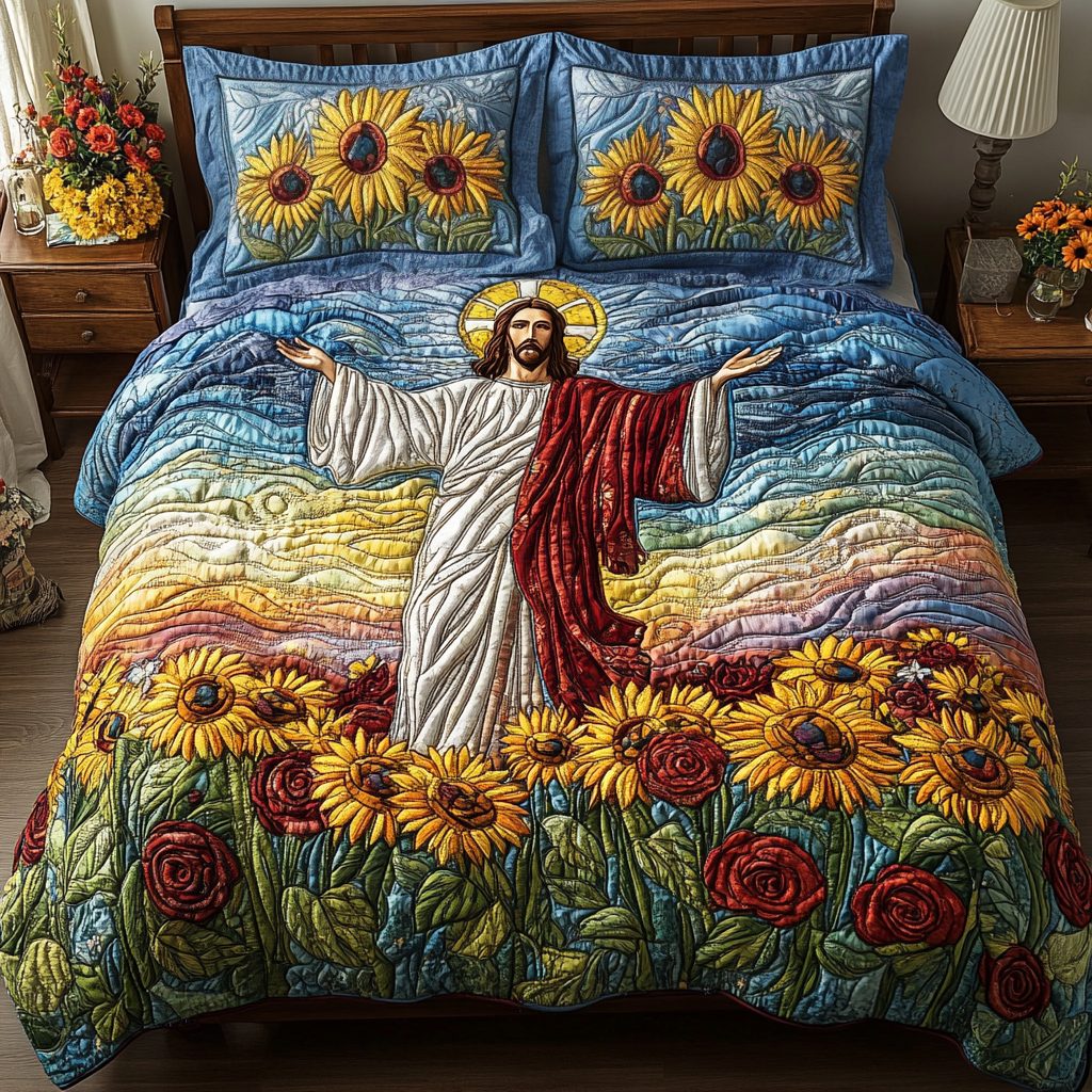 Faith Garden quilted 3-piece bedding set on a made bed in a softly lit bedroom