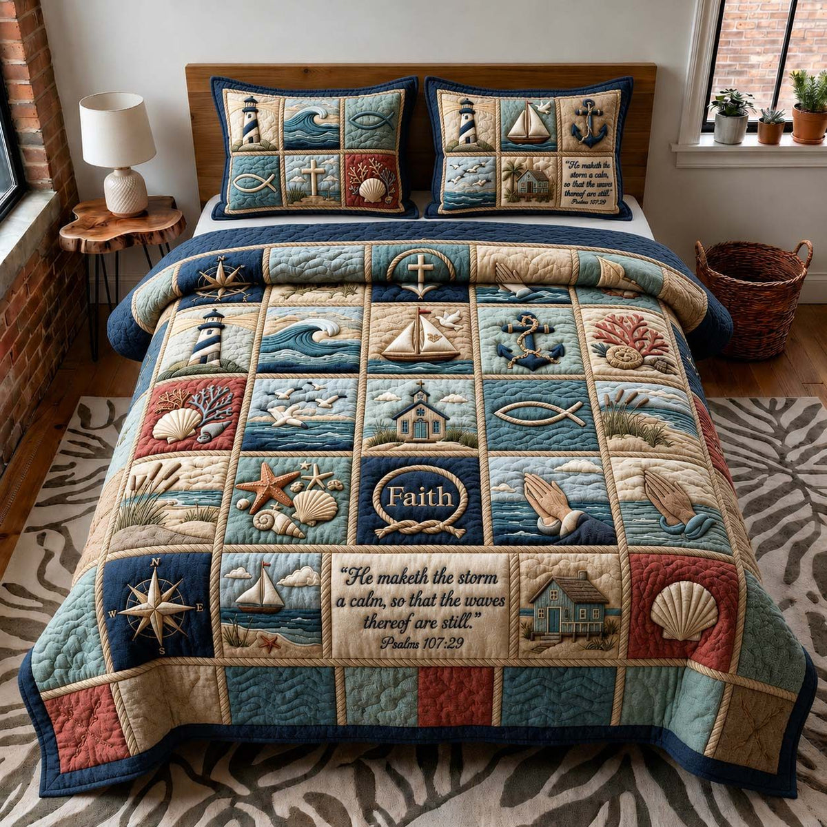 Faith Harbor quilted 3-piece bedding set on a made bed in a softly lit bedroom