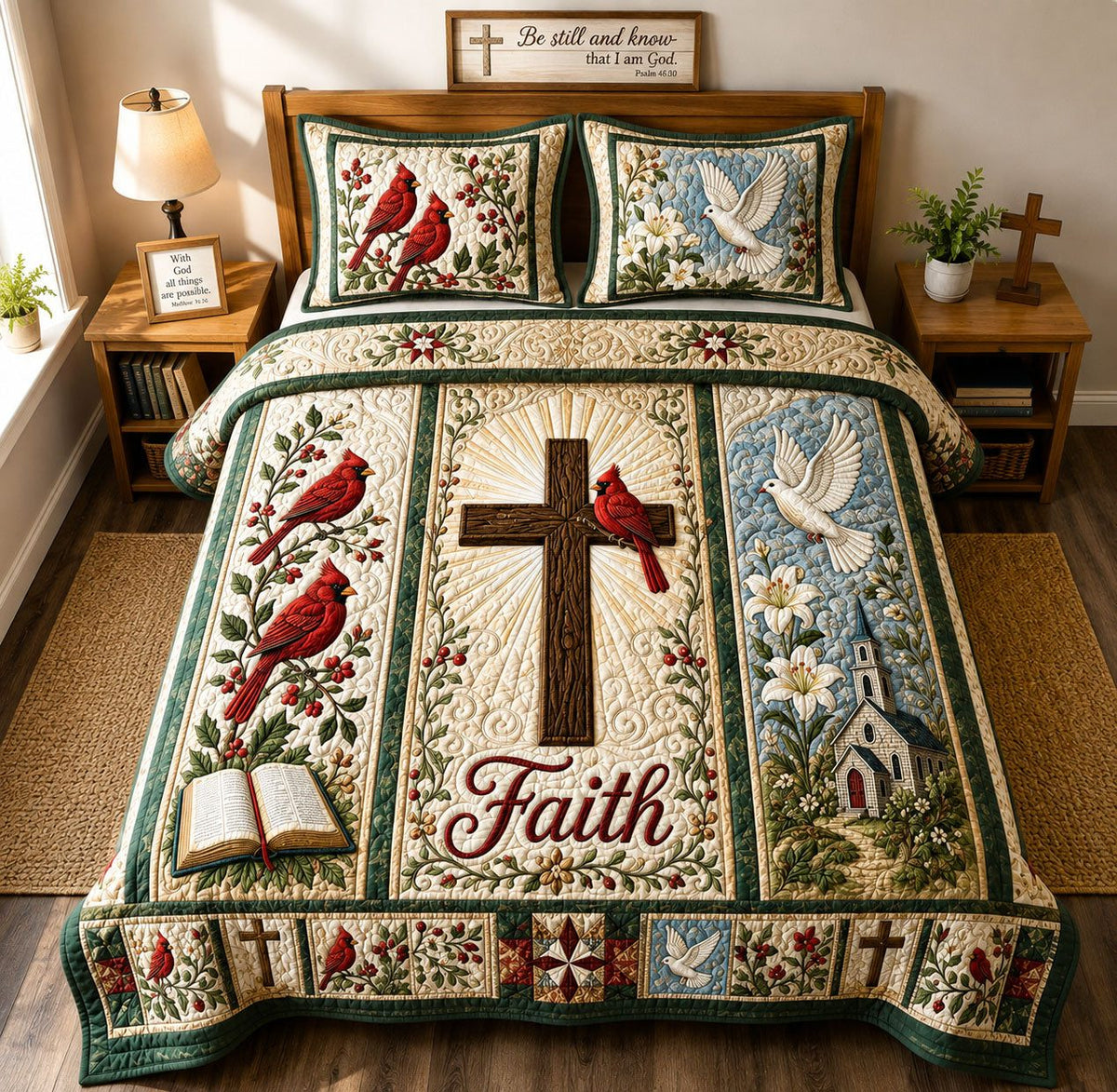 Faith Hope and Peace Sanctuary quilted 3-piece bedding set on a made bed in a softly lit bedroom