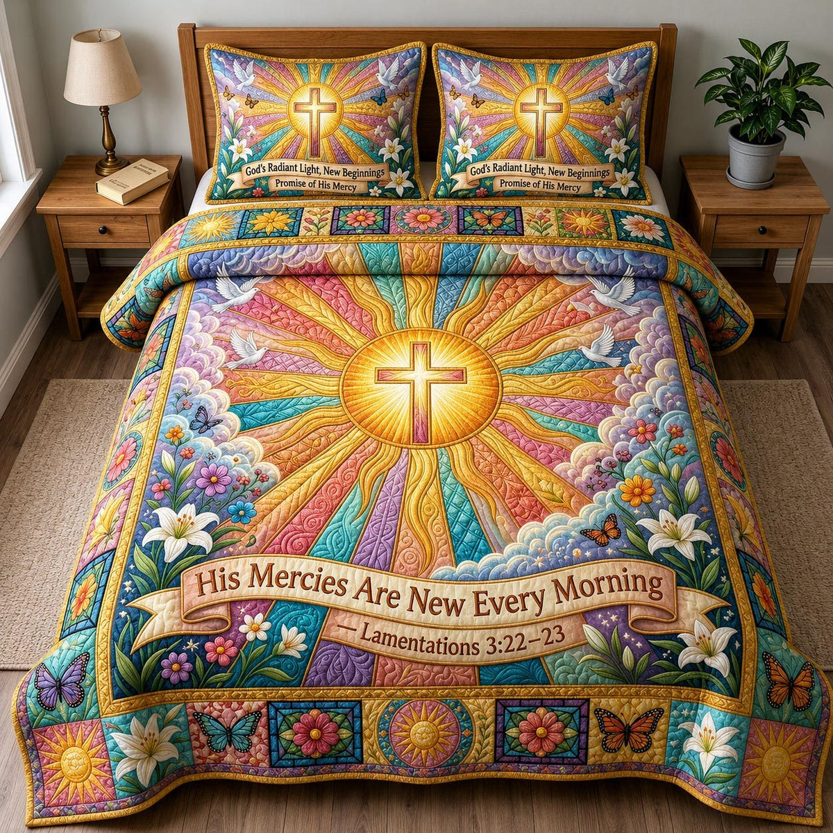 Faith Light quilted 3-piece bedding set on a made bed in a softly lit bedroom