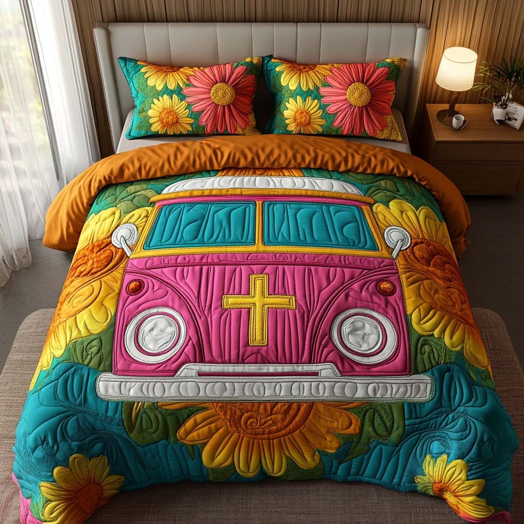 Faith on Wheels quilted 3-piece bedding set on a made bed in a softly lit bedroom