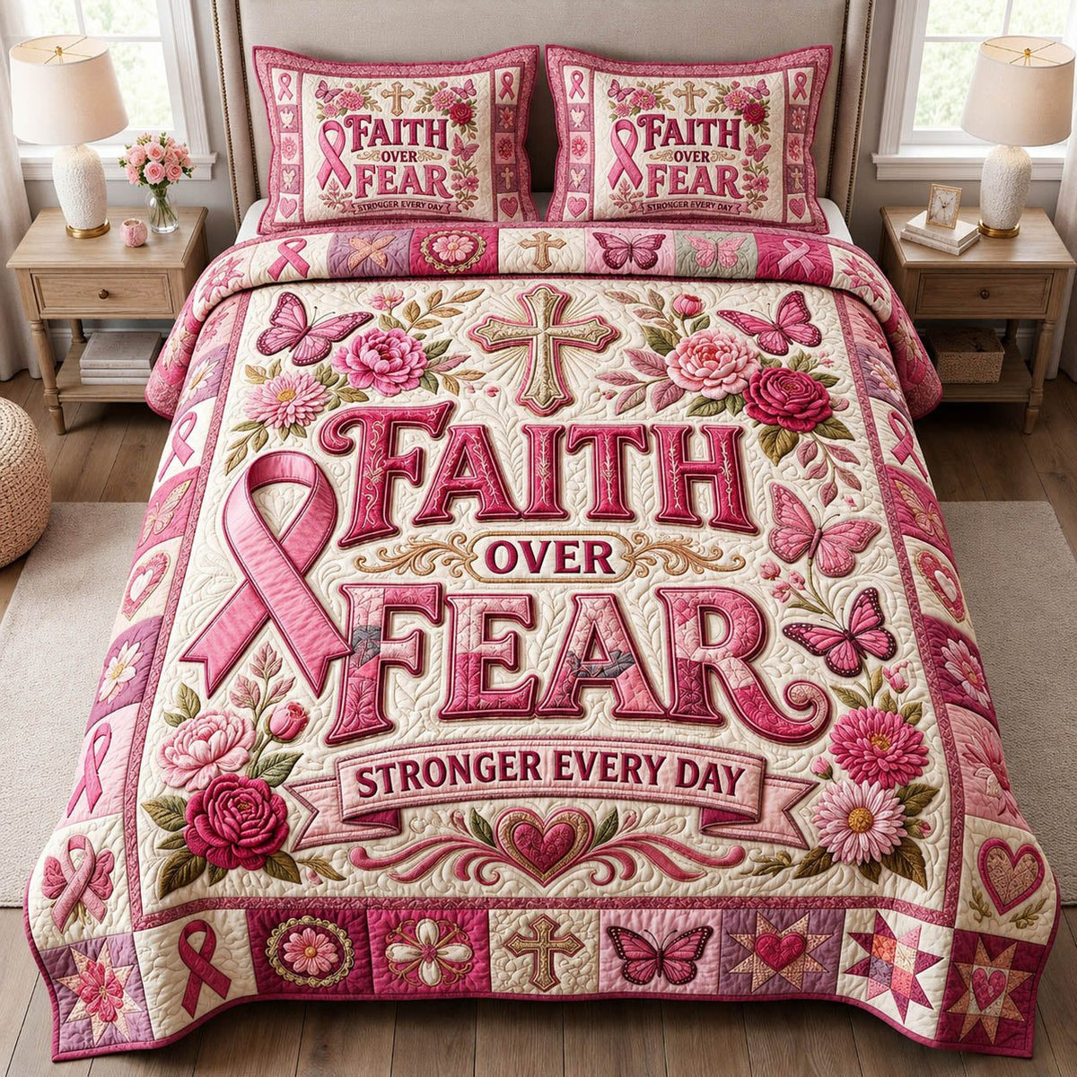 Faith Over Fear quilted 3-piece bedding set on a made bed in a softly lit bedroom