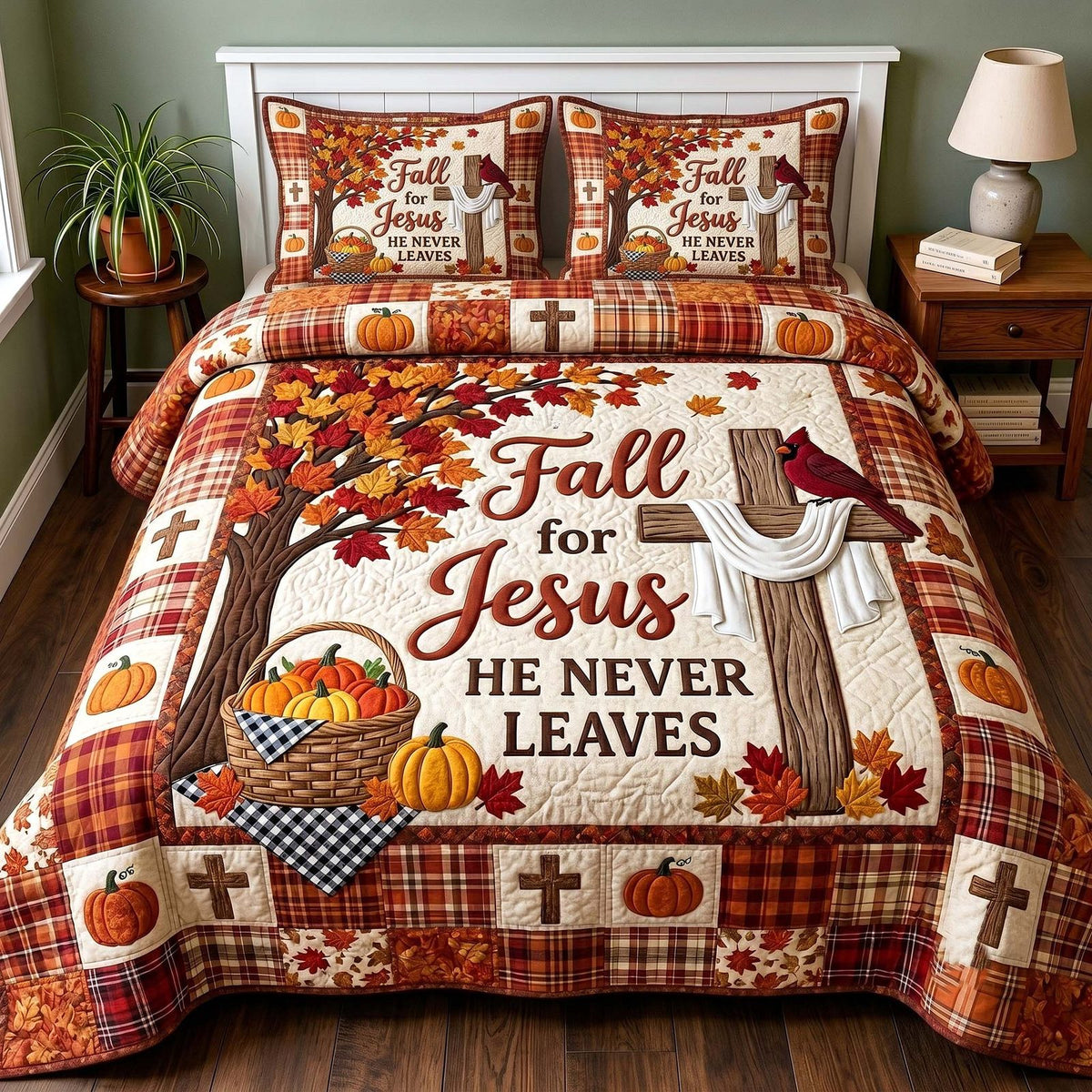 Faithful Autumn quilted 3-piece bedding set on a made bed in a softly lit bedroom