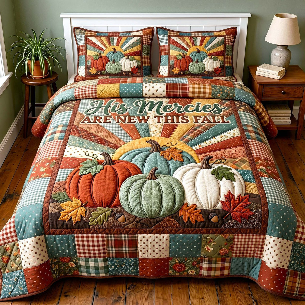 Faithful Autumn quilted 3-piece bedding set on a made bed in a softly lit bedroom