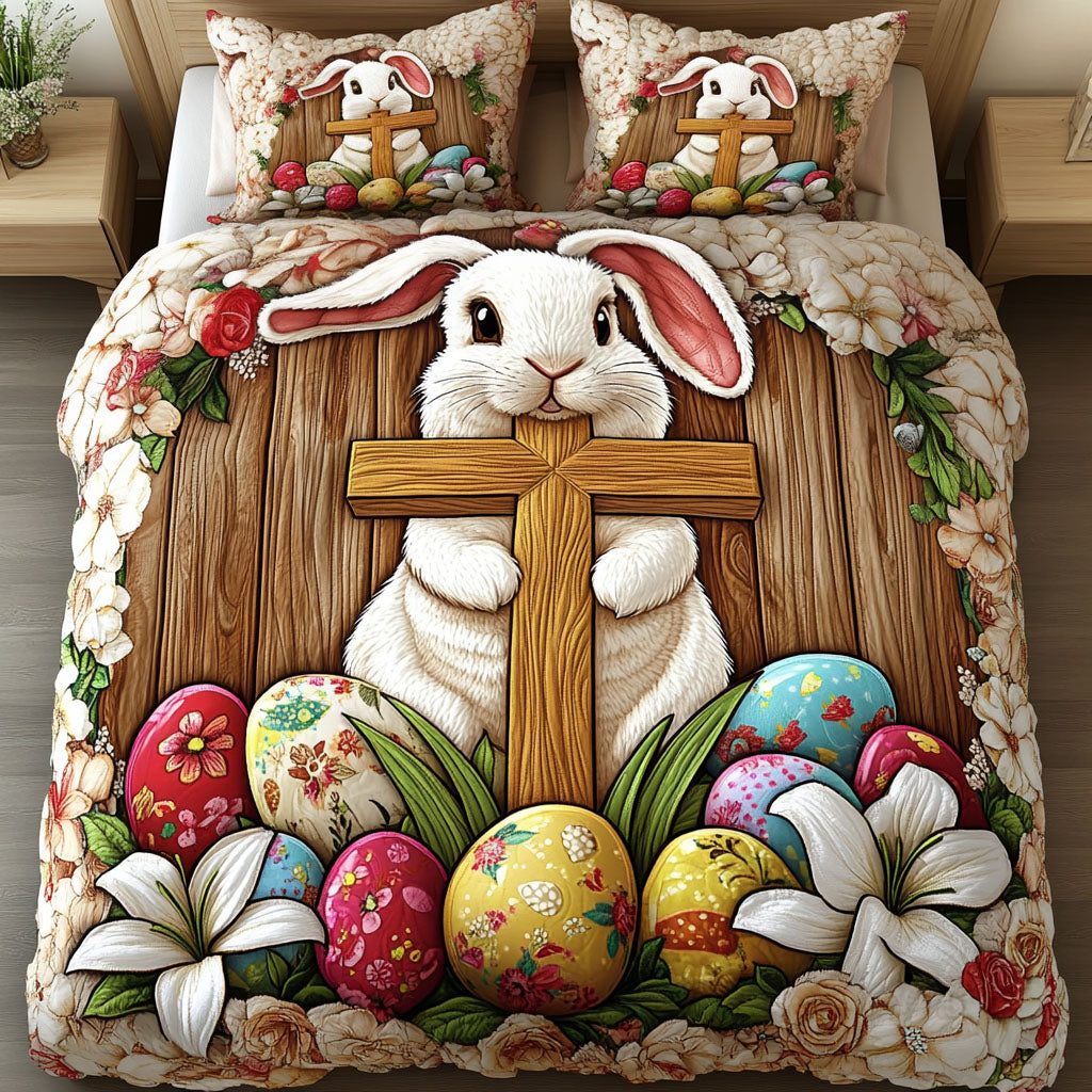 Faithful Bunny Glow quilted 3-piece bedding set on a made bed in a softly lit bedroom