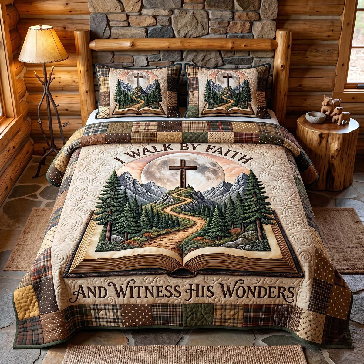 Faithful Forest quilted 3-piece bedding set on a made bed in a softly lit bedroom