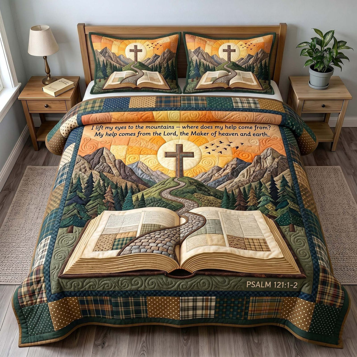Faithful Forest quilted 3-piece bedding set on a made bed in a softly lit bedroom