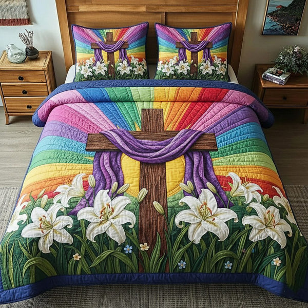 Faithful Sunrise quilted 3-piece bedding set on a made bed in a softly lit bedroom