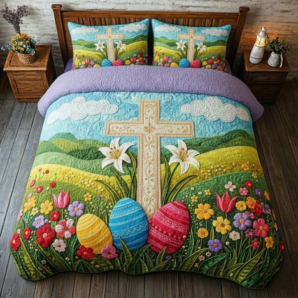 Faithful Sunrise quilted 3-piece bedding set on a made bed in a softly lit bedroom