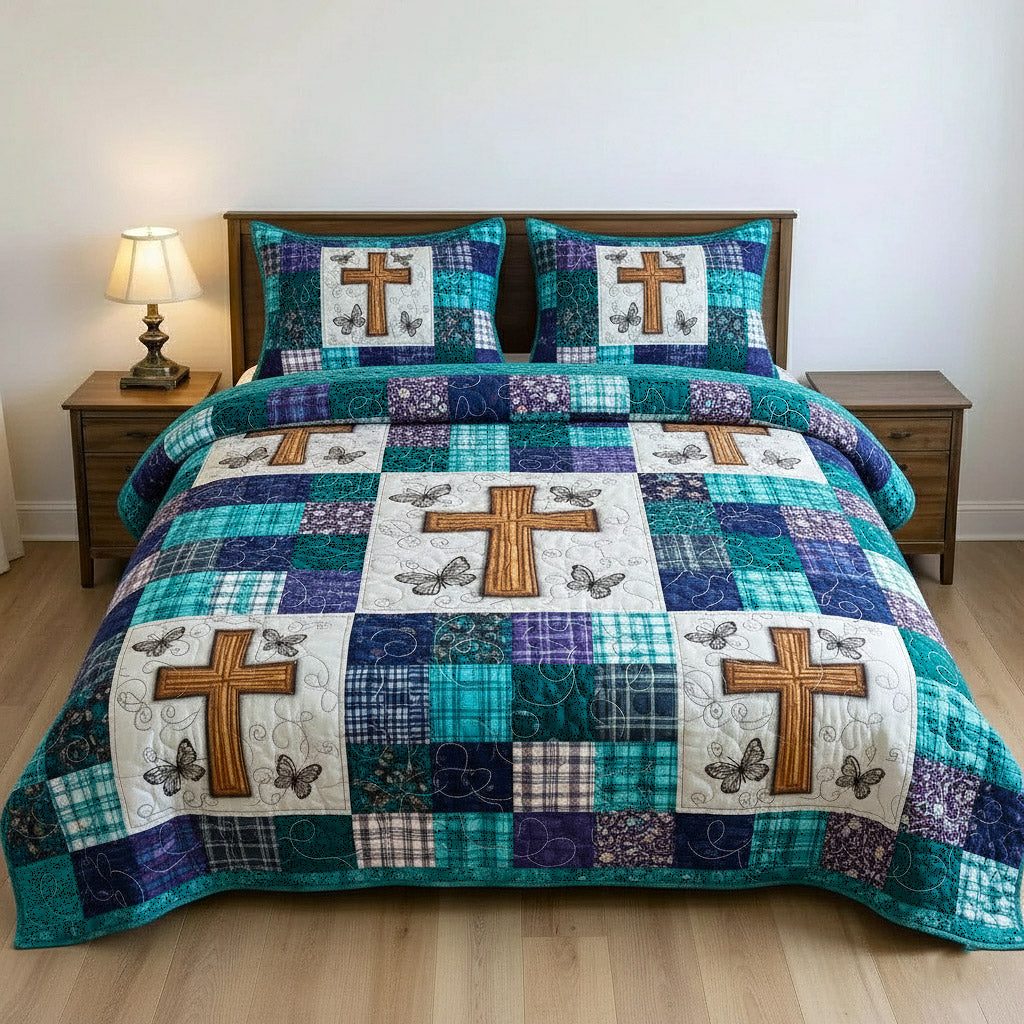 Faithful Sunrise quilted 3-piece bedding set on a made bed in a softly lit bedroom