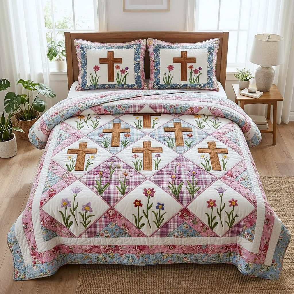 Faithful Sunrise quilted 3-piece bedding set on a made bed in a softly lit bedroom