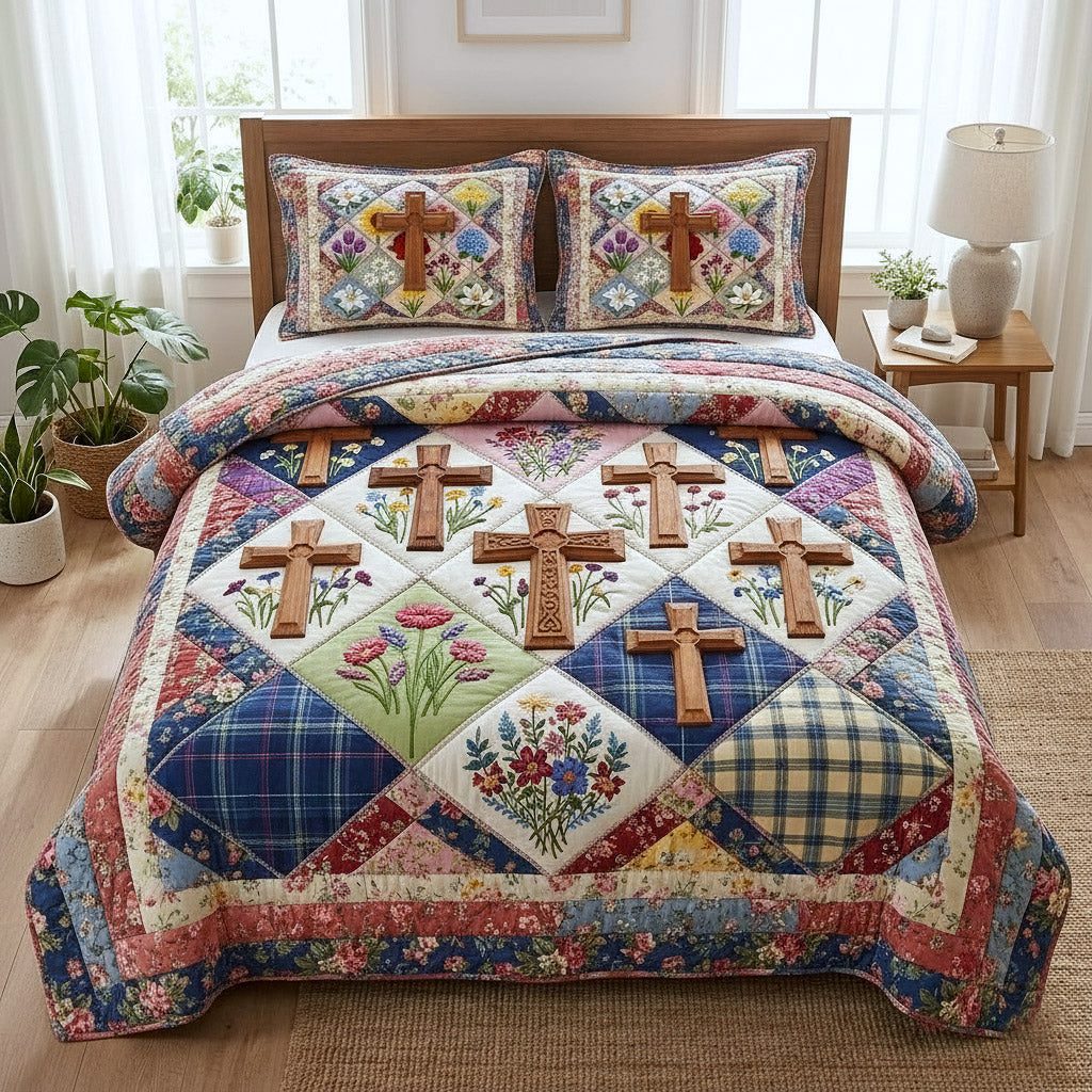 Faithful Sunrise quilted 3-piece bedding set on a made bed in a softly lit bedroom