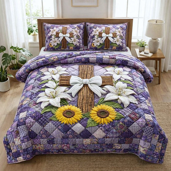 Faithful Sunrise quilted 3-piece bedding set on a made bed in a softly lit bedroom