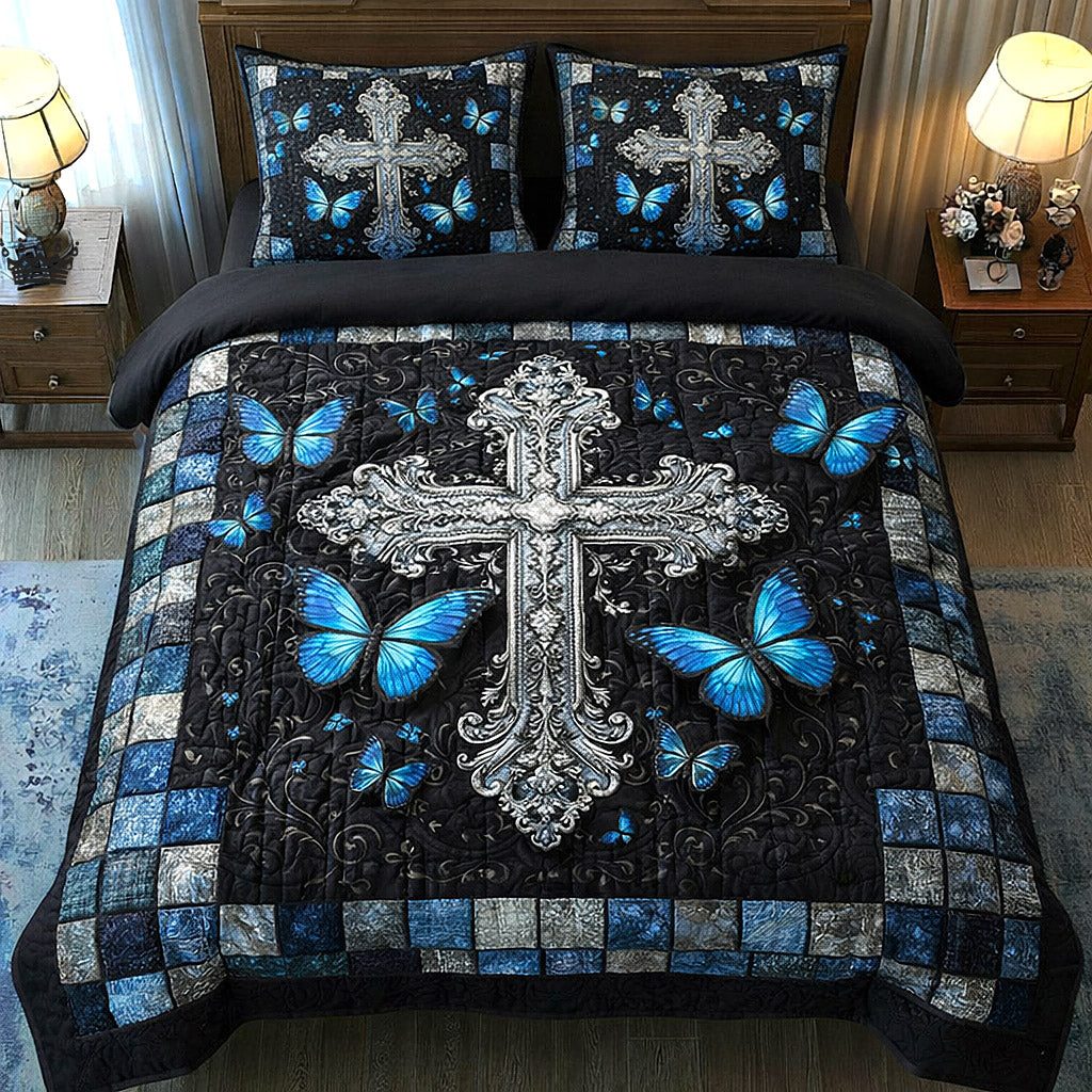 Faithful Sunrise quilted 3-piece bedding set on a made bed in a softly lit bedroom