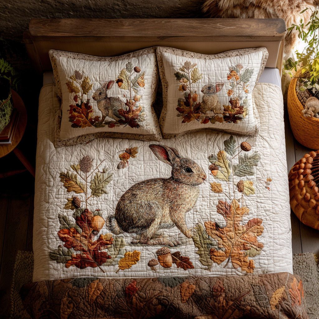 Fall Bunny Adventure quilted 3-piece bedding set on a made bed in a winter-styled bedroom