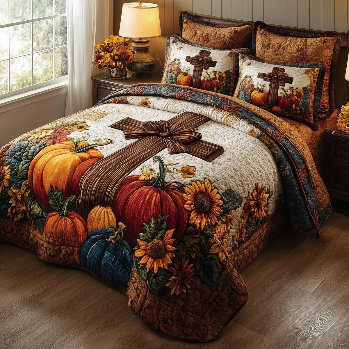 Fall for Jesus quilted 3-piece bedding set on a made bed in a softly lit bedroom