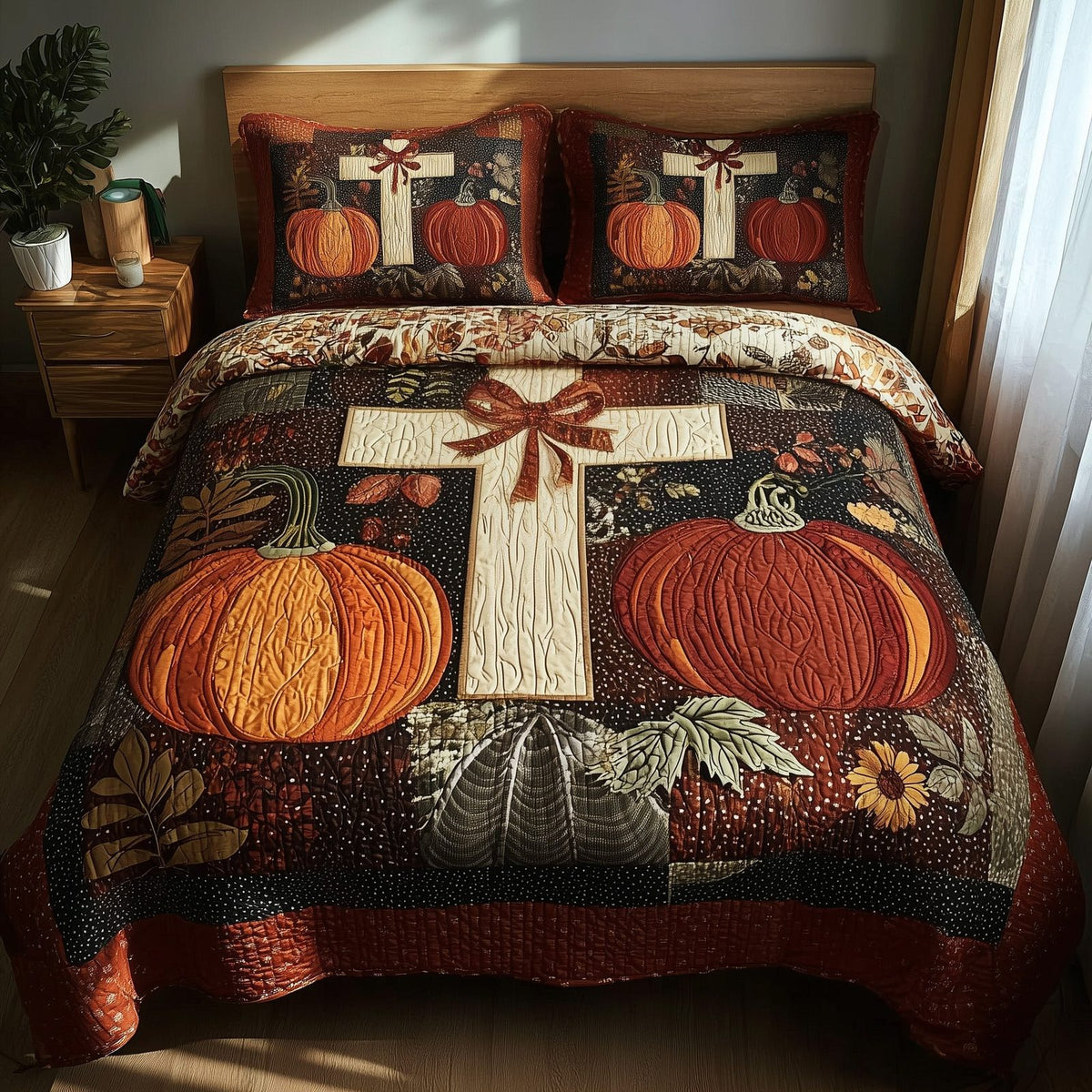 Fall for Jesus quilted 3-piece bedding set on a made bed in a softly lit bedroom