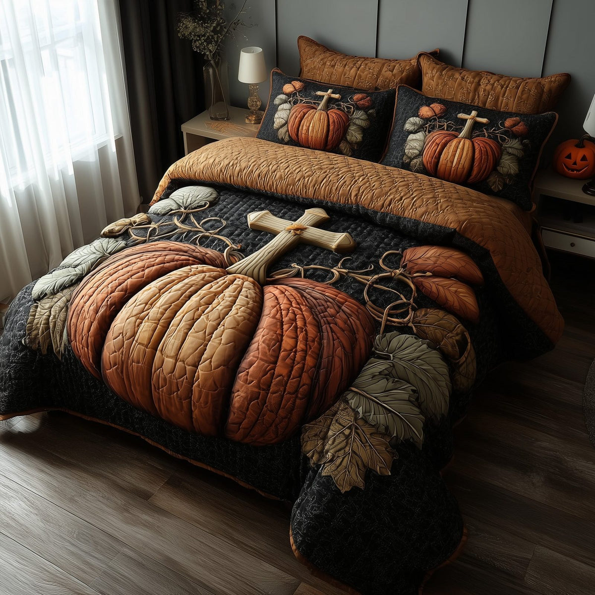 Fall for Jesus quilted 3-piece bedding set on a made bed in a softly lit bedroom