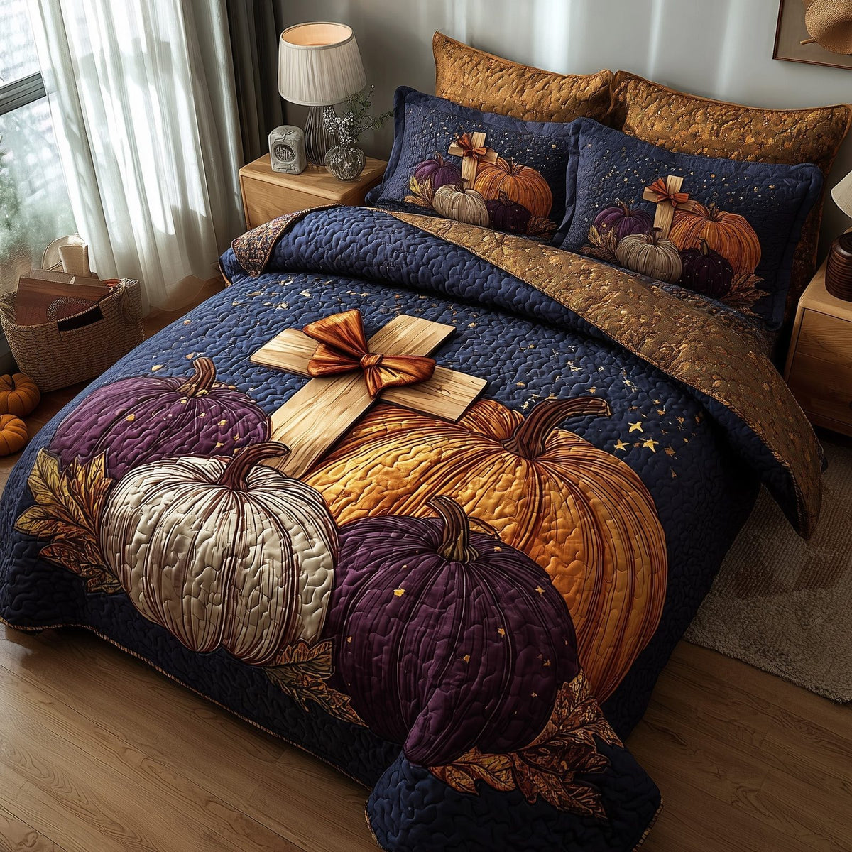 Fall for Jesus quilted 3-piece bedding set on a made bed in a softly lit bedroom