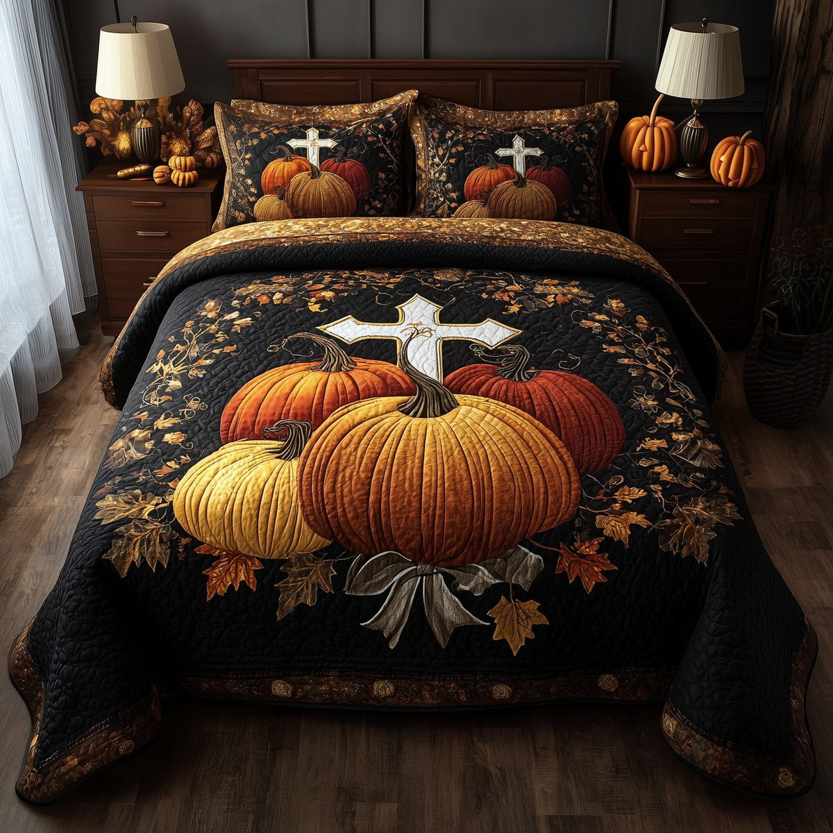 Fall for Jesus quilted 3-piece bedding set on a made bed in a softly lit bedroom
