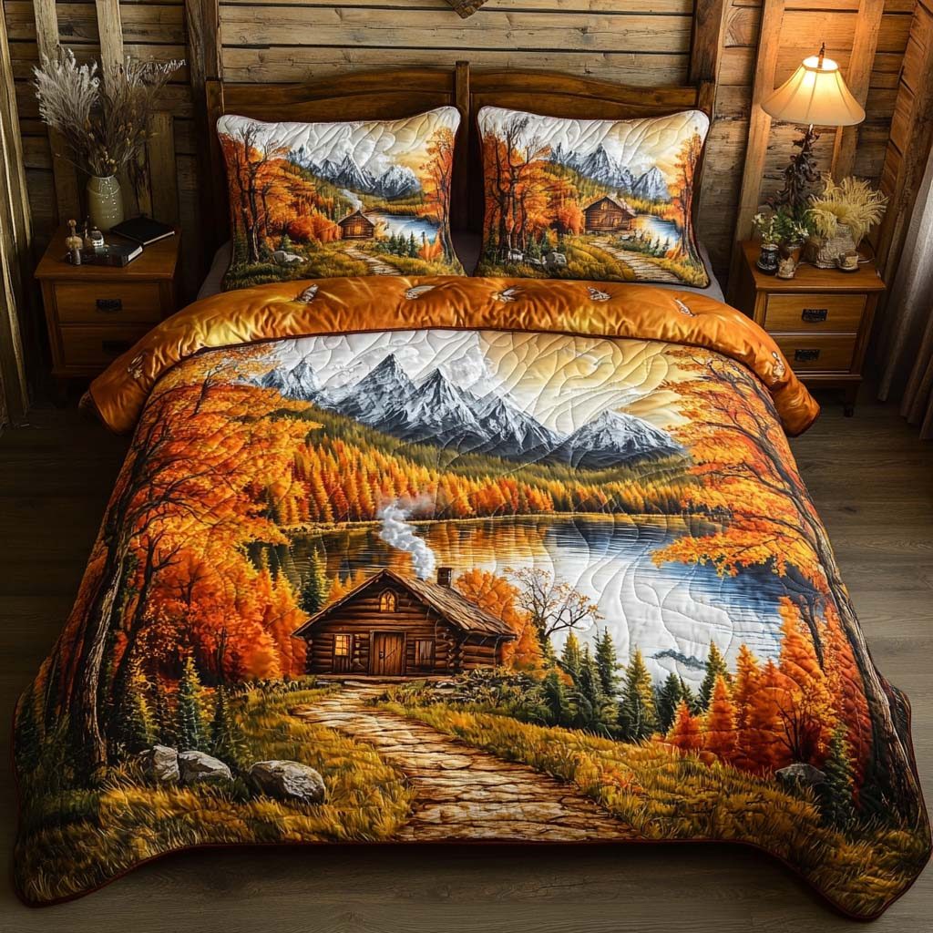 Fall Forest Dream quilted 3-piece bedding set on a made bed with two matching pillow shams