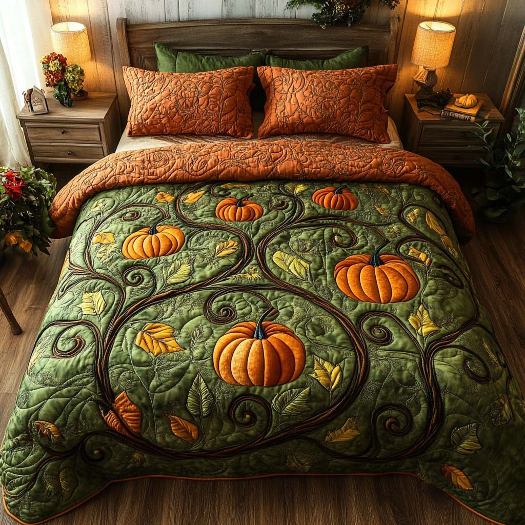 Fall Garden Path quilted 3-piece bedding set on a made bed with two matching pillow shams
