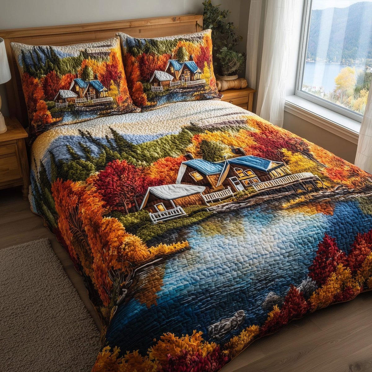 Fall Glow quilted 3-piece bedding set on a made bed with two matching pillow shams