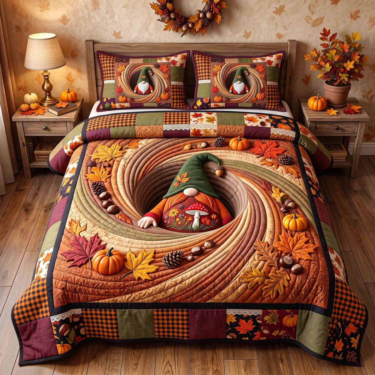Fall Gnome quilted 3-piece bedding set on a made bed in a winter-styled bedroom