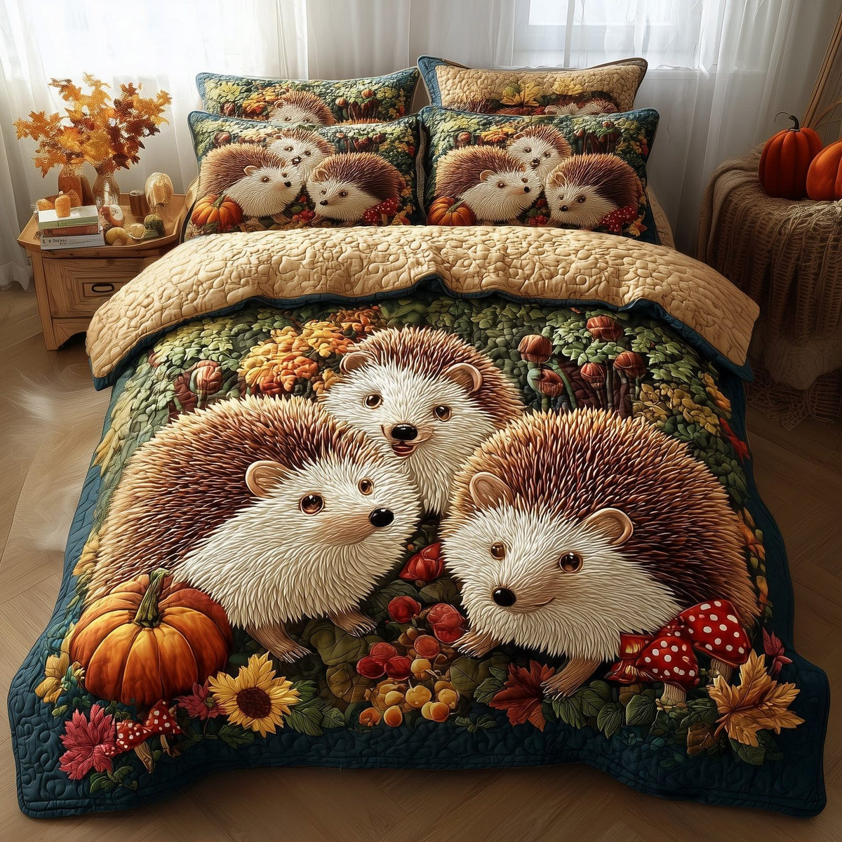 Fall Hedgehog quilted 3-piece bedding set on a made bed with two matching pillow shams