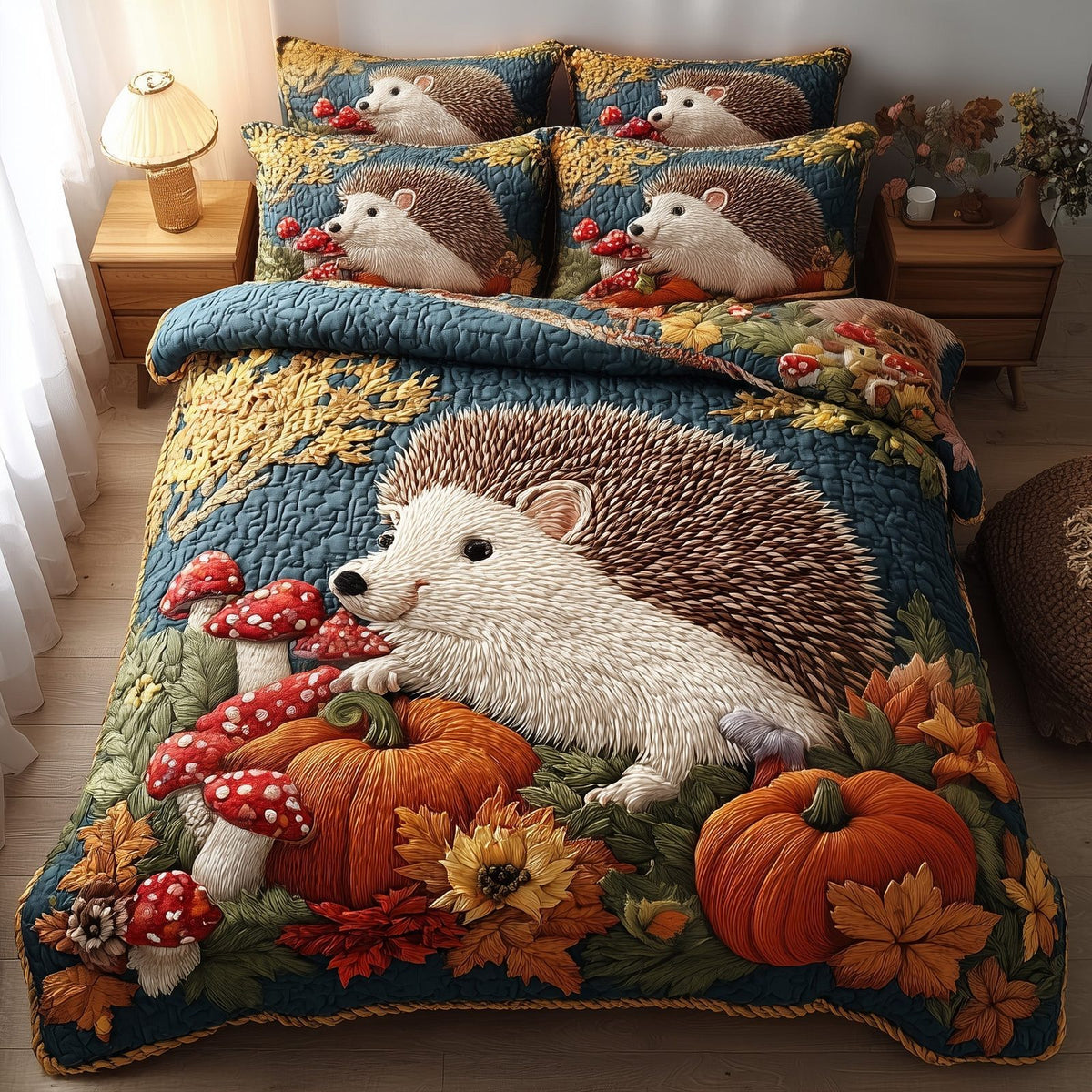 Fall Hedgehog quilted 3-piece bedding set on a made bed with two matching pillow shams