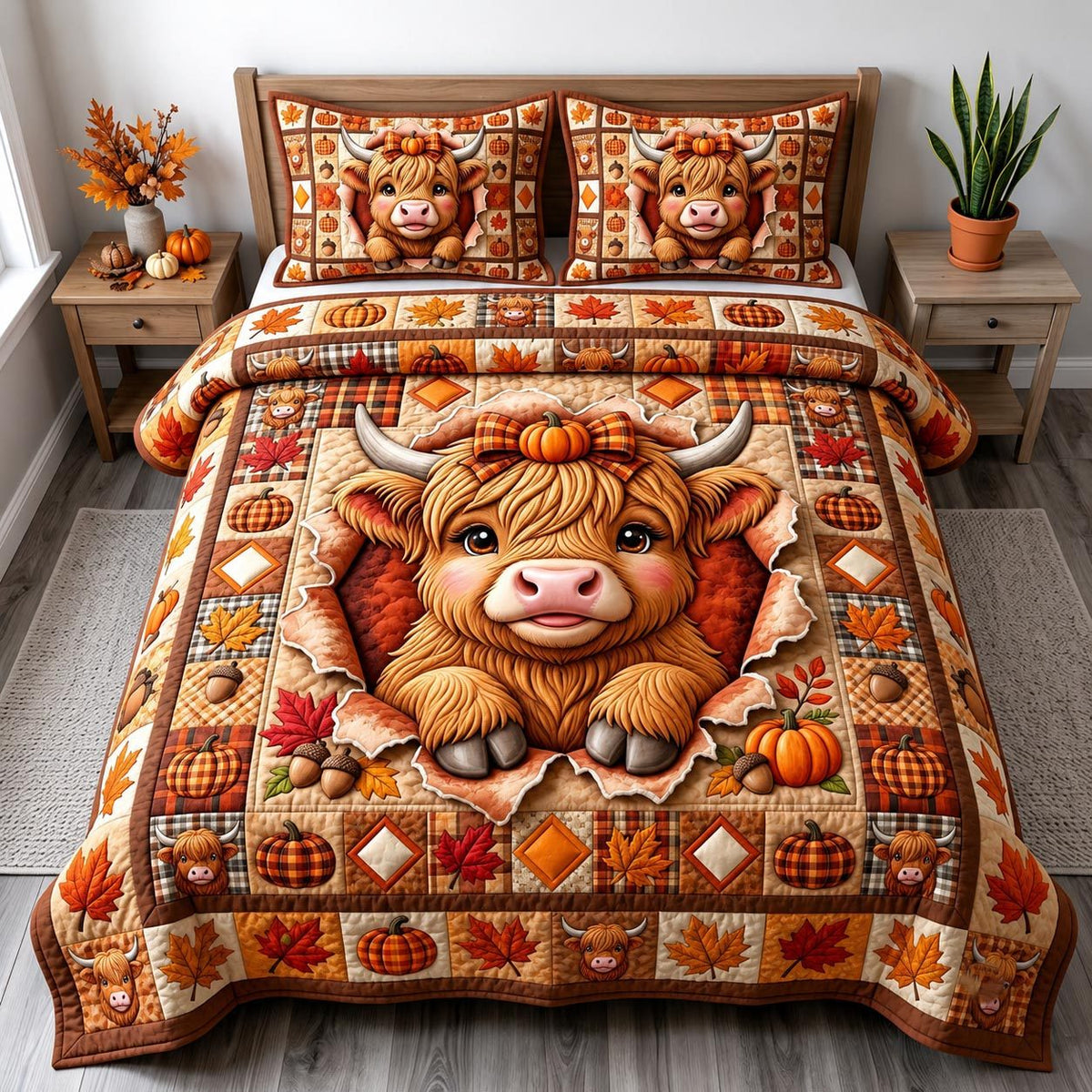 Fall Highland Cow quilted 3-piece bedding set on a made bed with two matching pillow shams