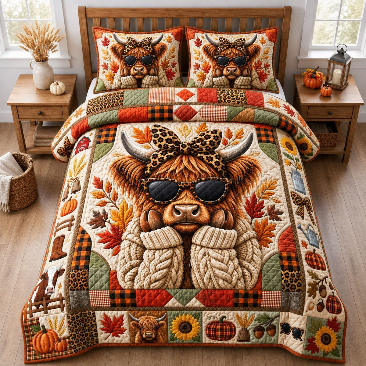 Fall Highland Cow quilted 3-piece bedding set on a made bed with two matching pillow shams