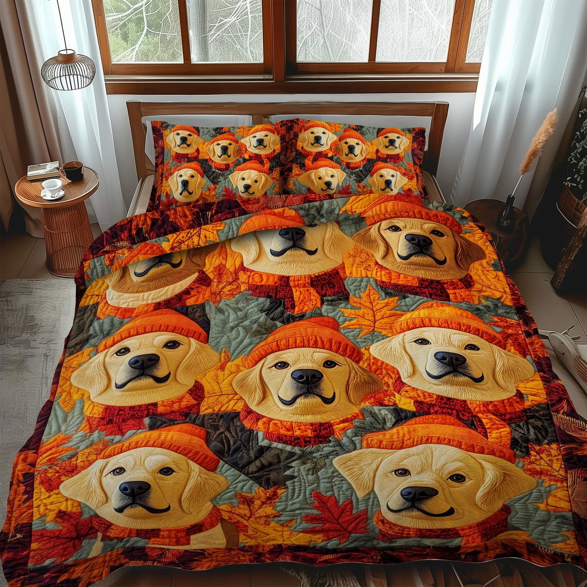 Fall In Retriever quilted 3-piece bedding set on a made bed with two matching pillow shams