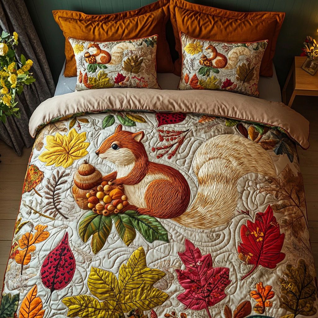 Fall Nut Gatherer quilted 3-piece bedding set on a made bed with two matching pillow shams