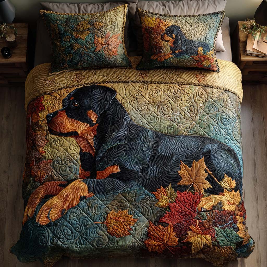 Fall Protector quilted 3-piece bedding set on a made bed with two matching pillow shams