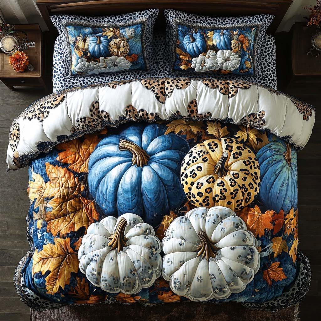 Fall Pumpkin Glow quilted 3-piece bedding set on a made bed against a dark styled interior