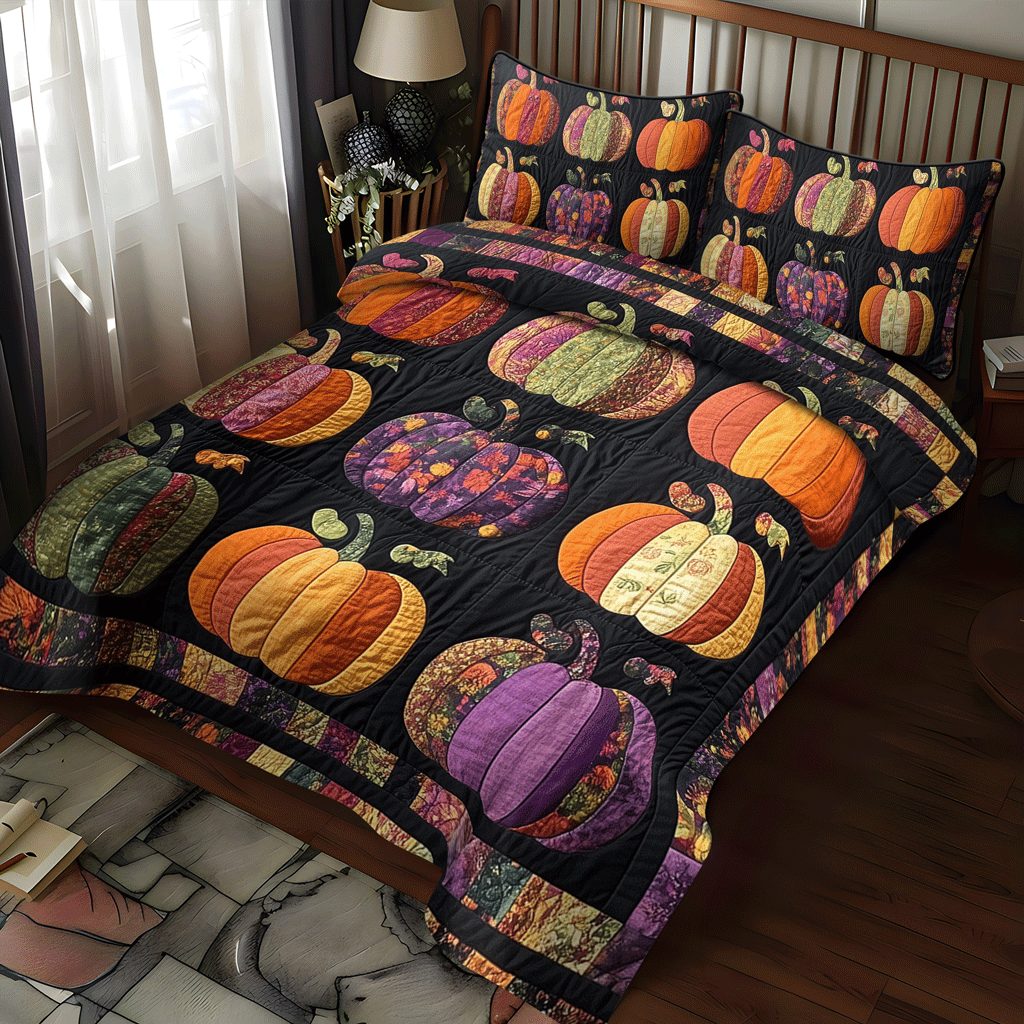 Fall Pumpkin quilted 3-piece bedding set on a made bed against a dark styled interior