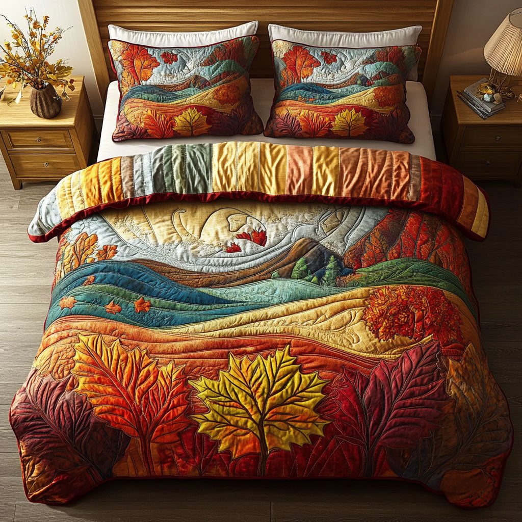 Fall Serenity quilted 3-piece bedding set on a made bed with two matching pillow shams