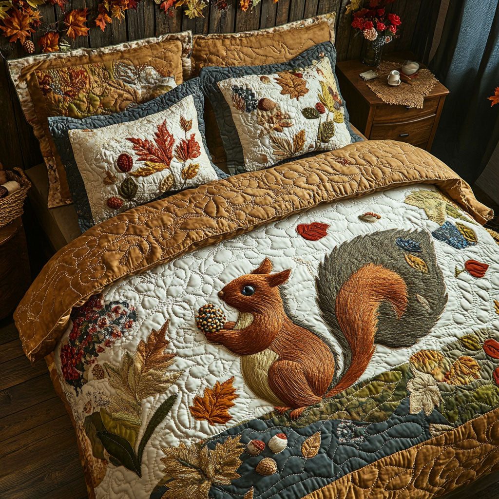 Fall Squirrel Trails quilted 3-piece bedding set on a made bed with two matching pillow shams