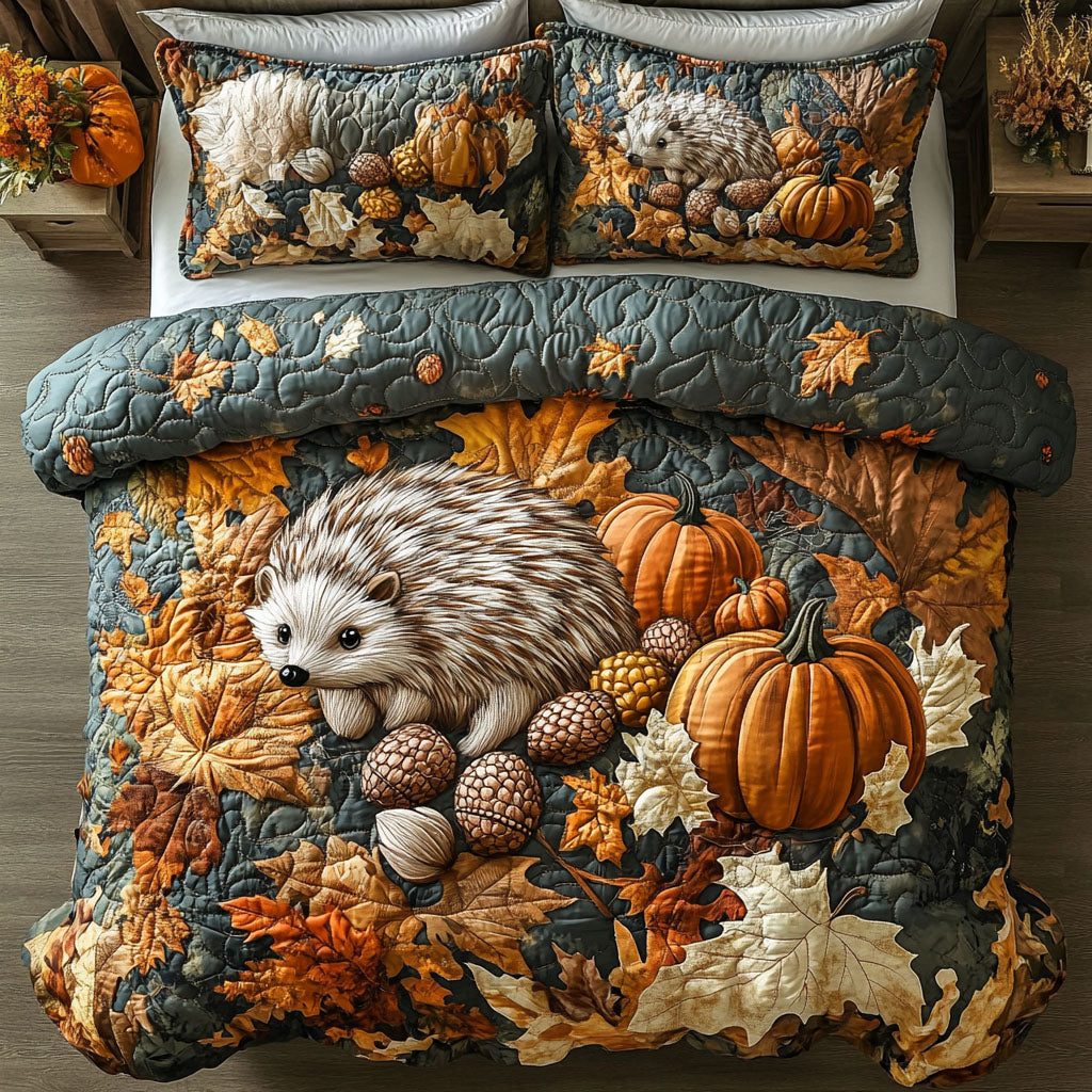 Fall Woodland Hedgehog quilted 3-piece bedding set on a made bed with two matching pillow shams