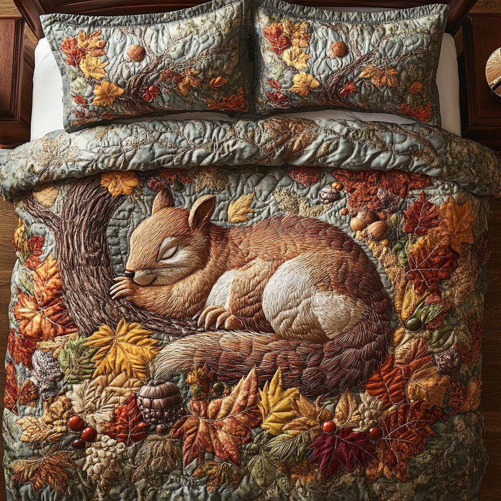 Fall Woodland Squirrel quilted 3-piece bedding set on a made bed with two matching pillow shams